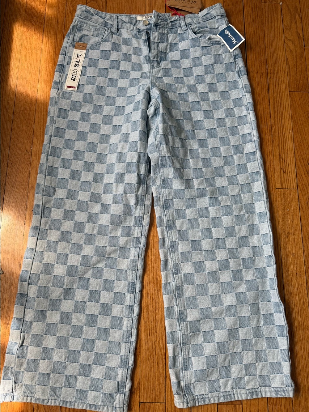 Light Blue Checkerboard Wide-Leg Jeans